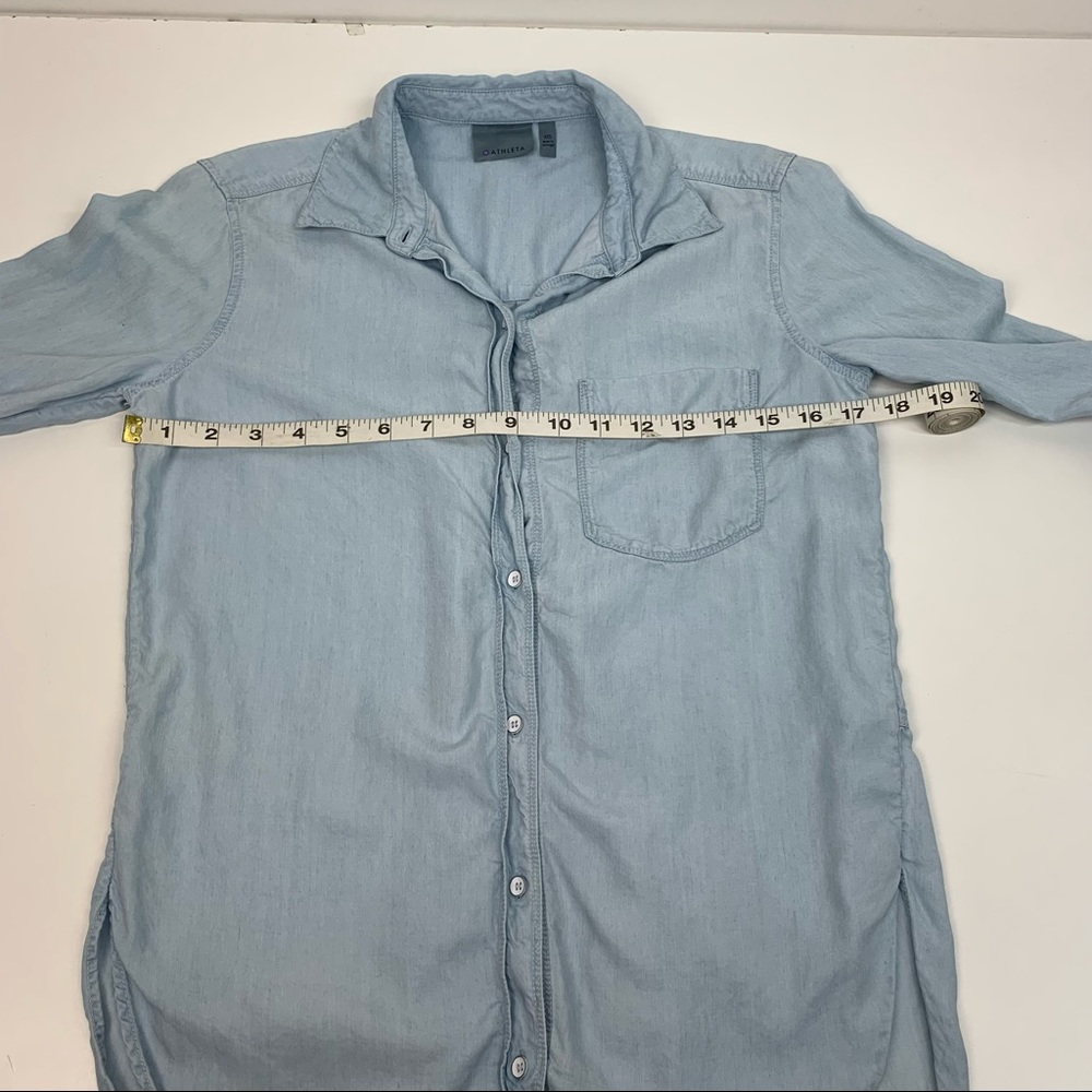 Athleta Button Down Shirt Split Back Chambray Lon… - image 8